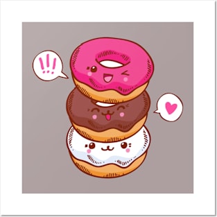 Group of three cute kawaii donuts. Posters and Art